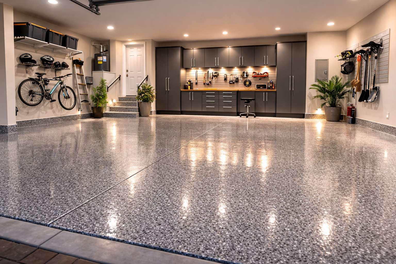 Moisture-resistant ArmorClad epoxy flooring in an Anaheim Hills hillside home, built to withstand high hydrostatic pressure.