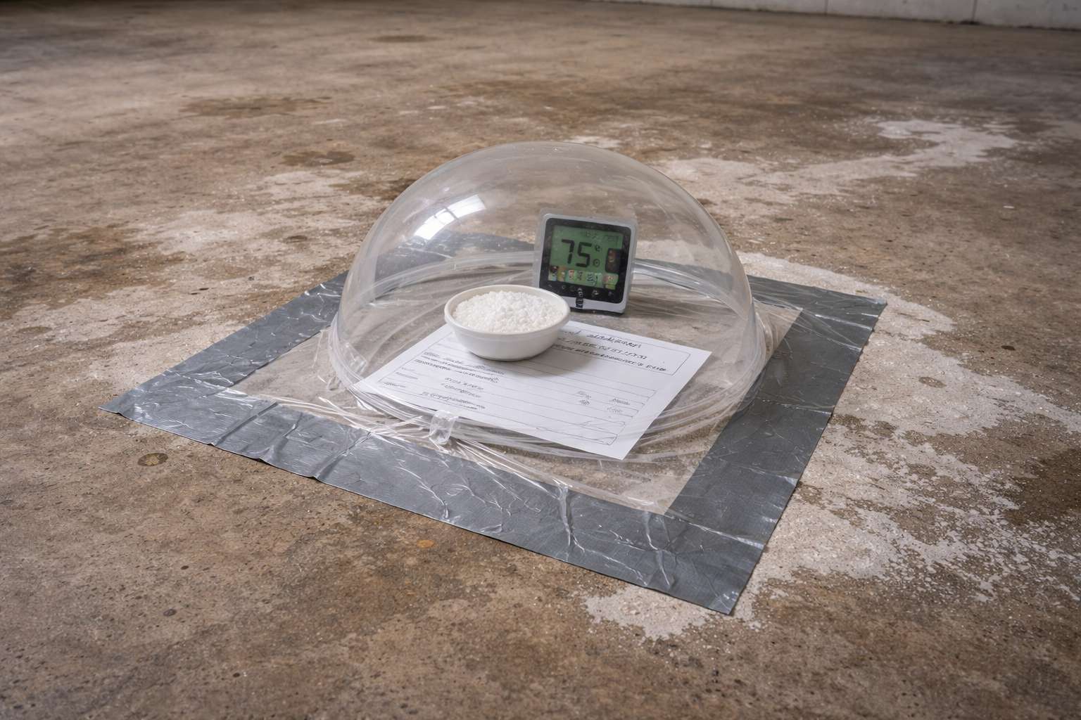 Concrete slab showing high moisture vapor transmission (MVT) levels before applying a vapor barrier primer.