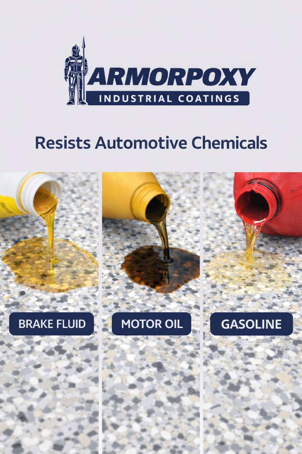 ArmorClad technical data chart showing resistance to motor oil, brake fluid, and gasoline.