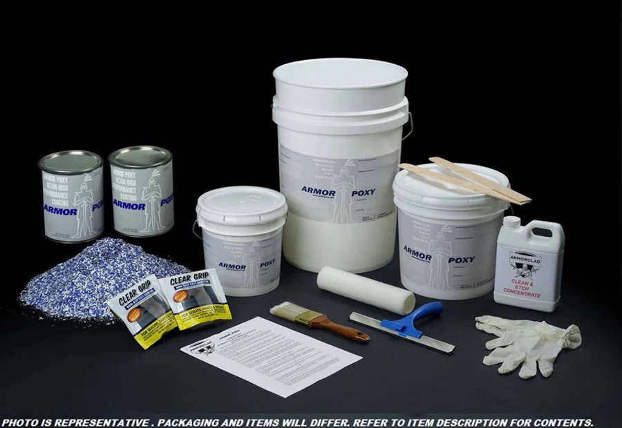 Official ArmorPoxy industrial kit components for the ArmorClad garage flooring system.