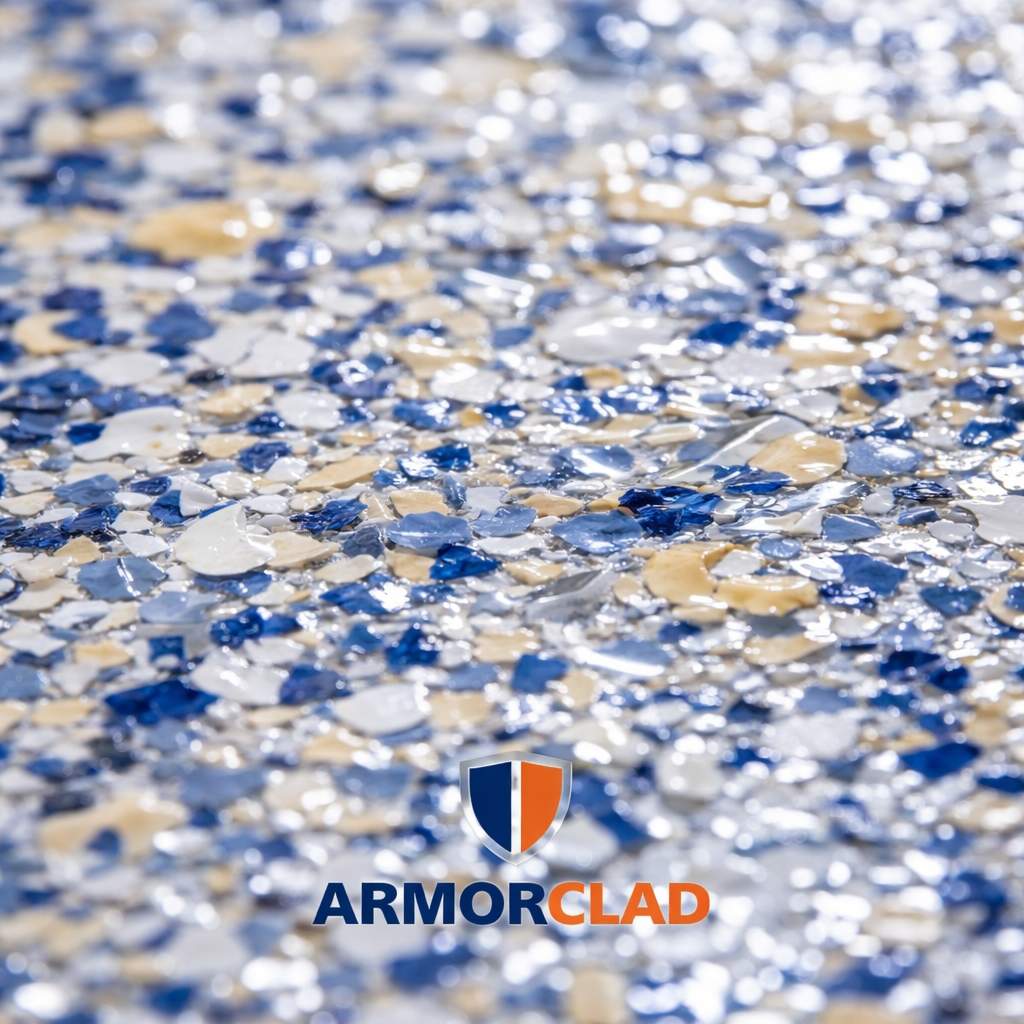 Close-up of ArmorClad 100% solids epoxy texture and anti-slip flakes