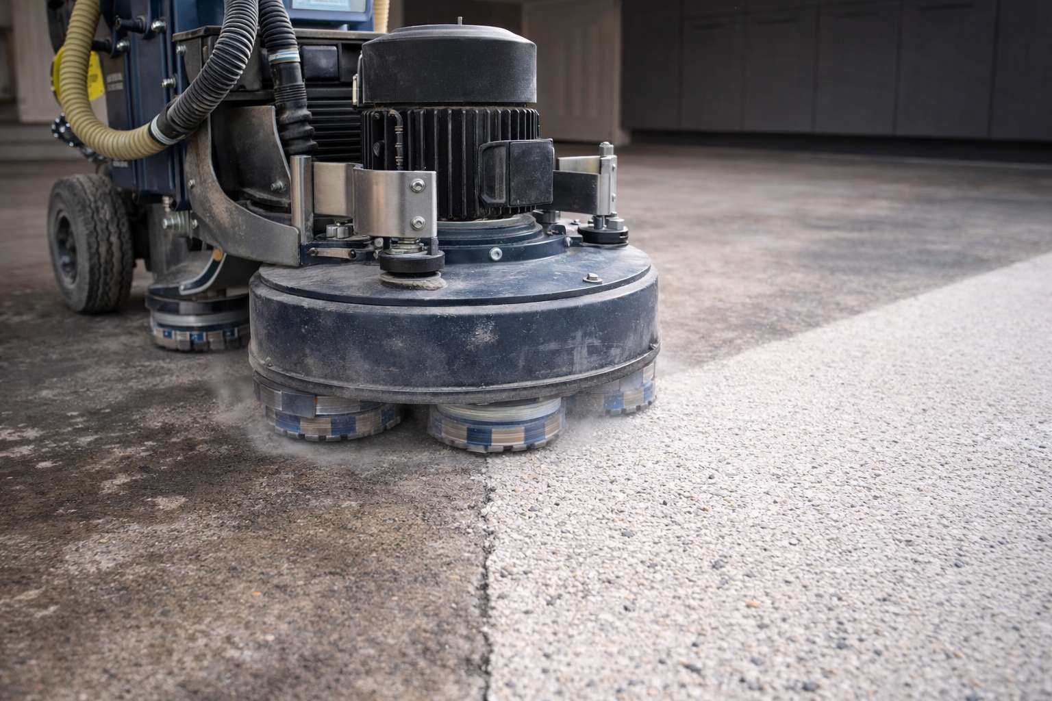 Industrial diamond-grinding machinery prepping a concrete slab for a permanent epoxy bond.
