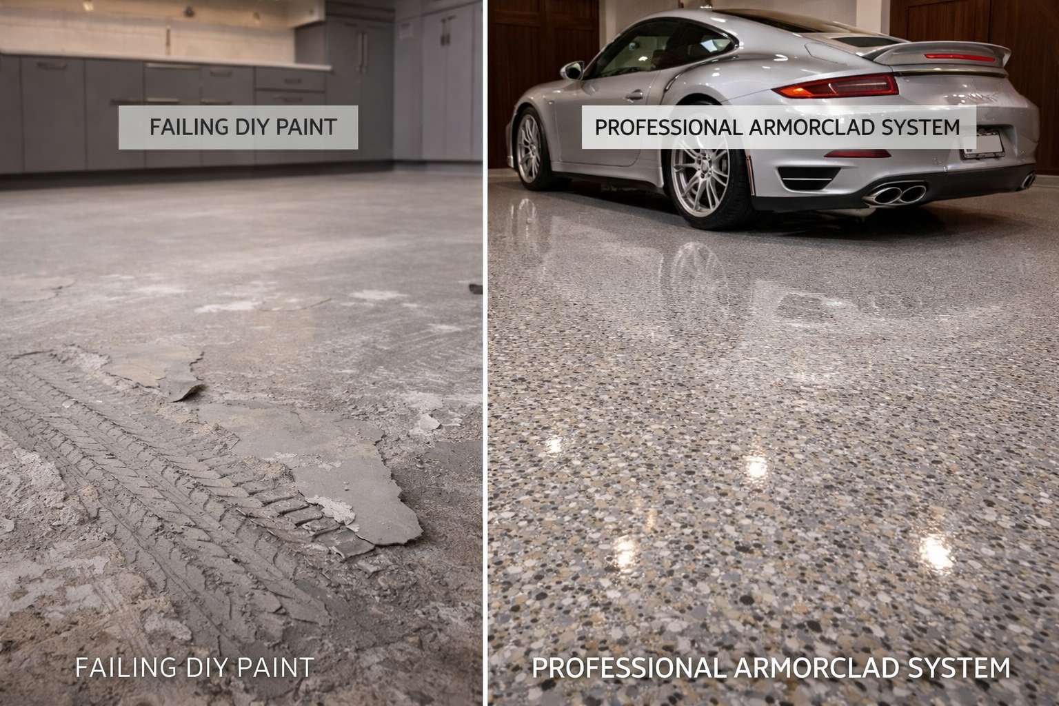 Comparison of peeling DIY garage paint vs professional ArmorClad industrial epoxy.