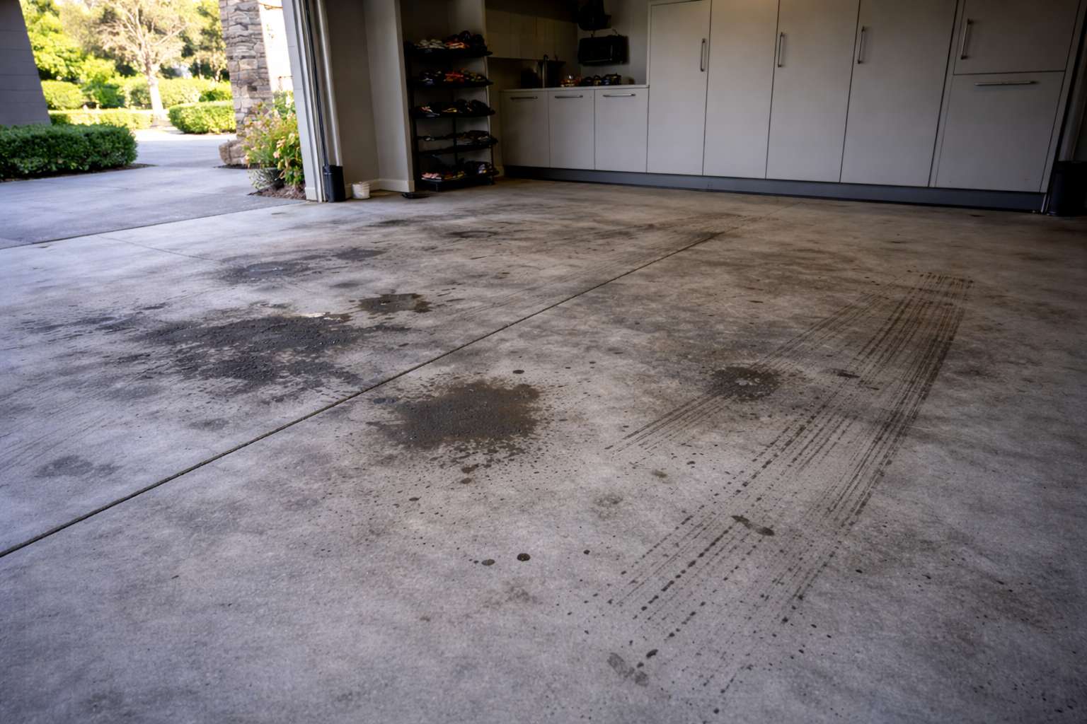 Dirty concrete slab with deep motor oil saturation before industrial degreasing and epoxy installation.