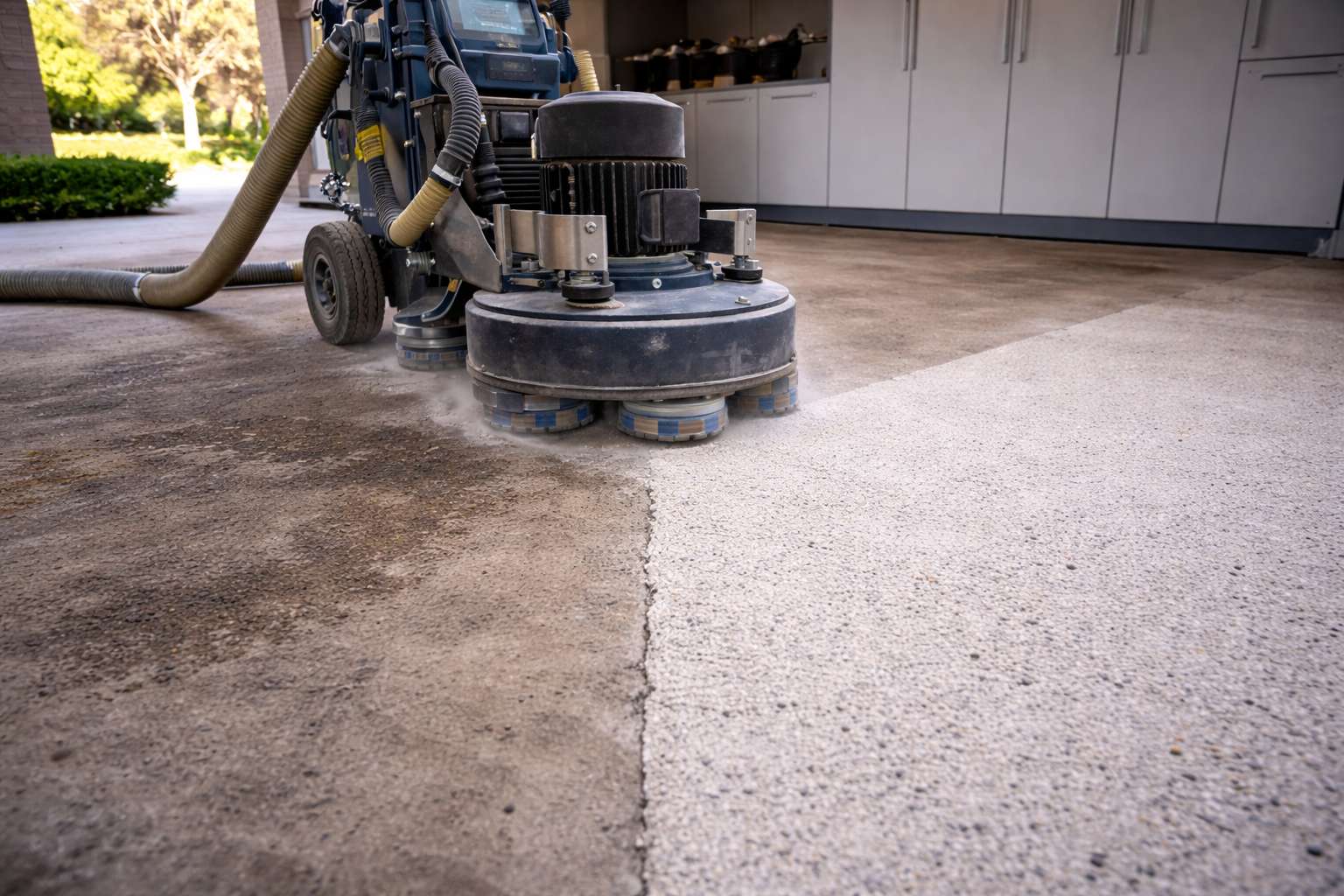 Diamond grinding equipment exposing clean aggregate on an Irvine garage floor to ensure permanent epoxy adhesion.