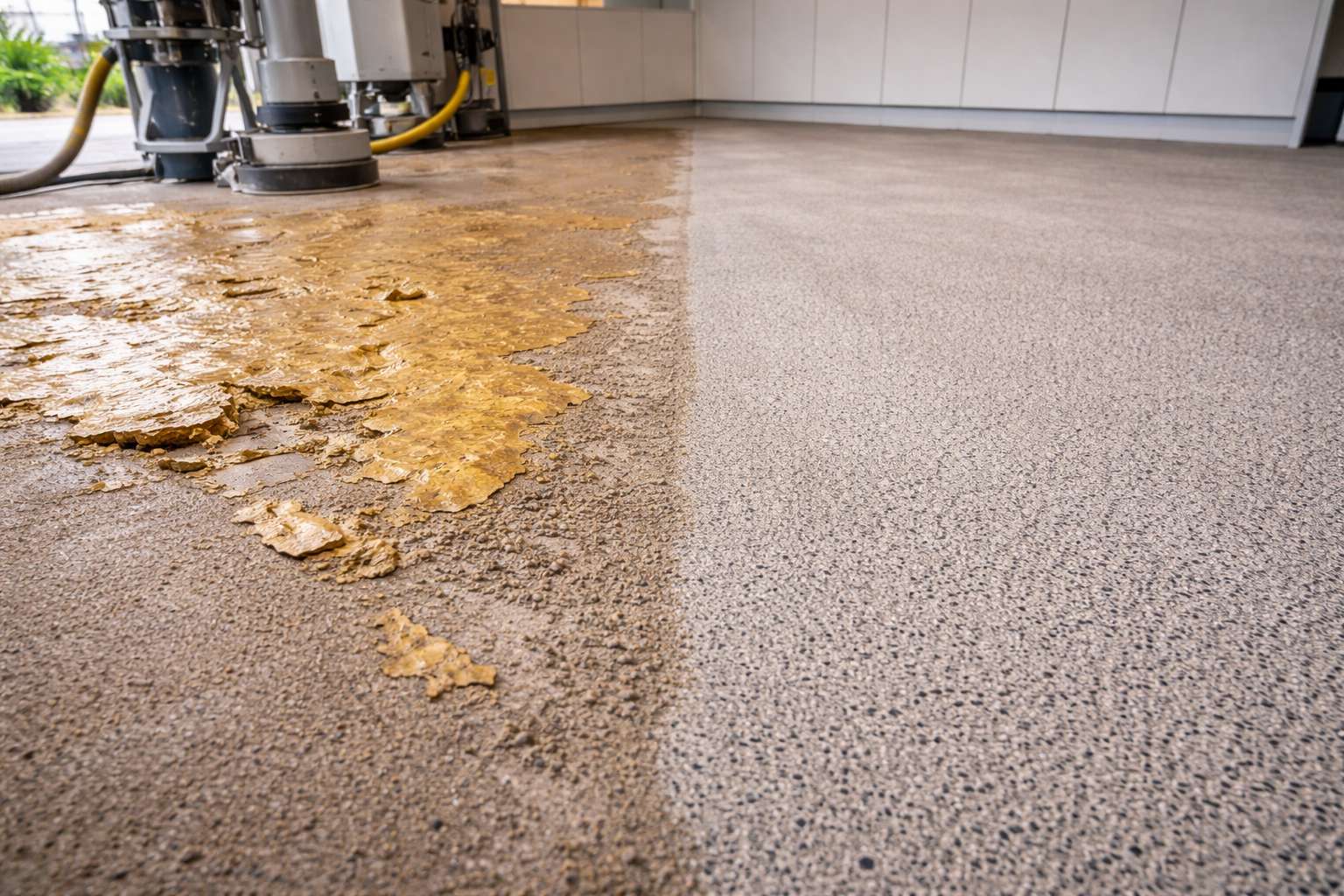 Concrete slab being ground to a CSP 3 profile to remove a failed coating in Newport Beach.