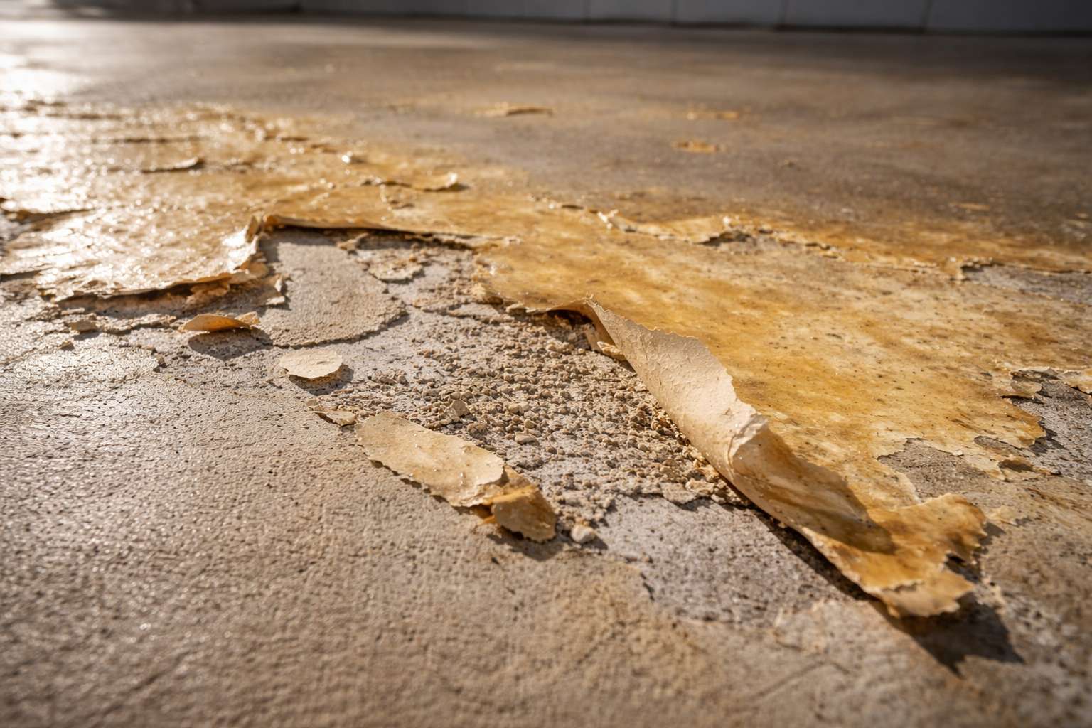 Yellowed and peeling non-UV stable epoxy coating failing under direct Southern California coastal sunlight.